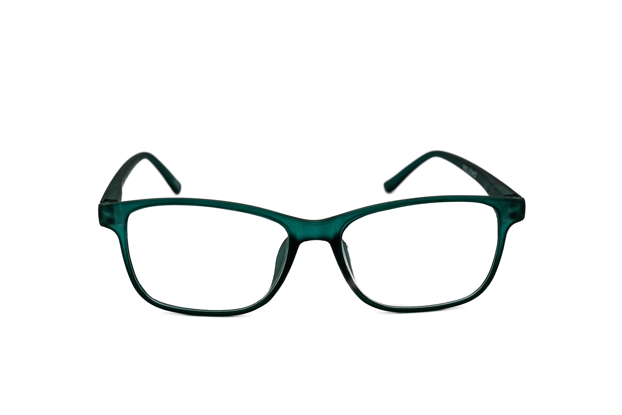 Emerald green Viridia reading glasses with soft rectangular silhouette and flexible polycarbonate frame front angle view