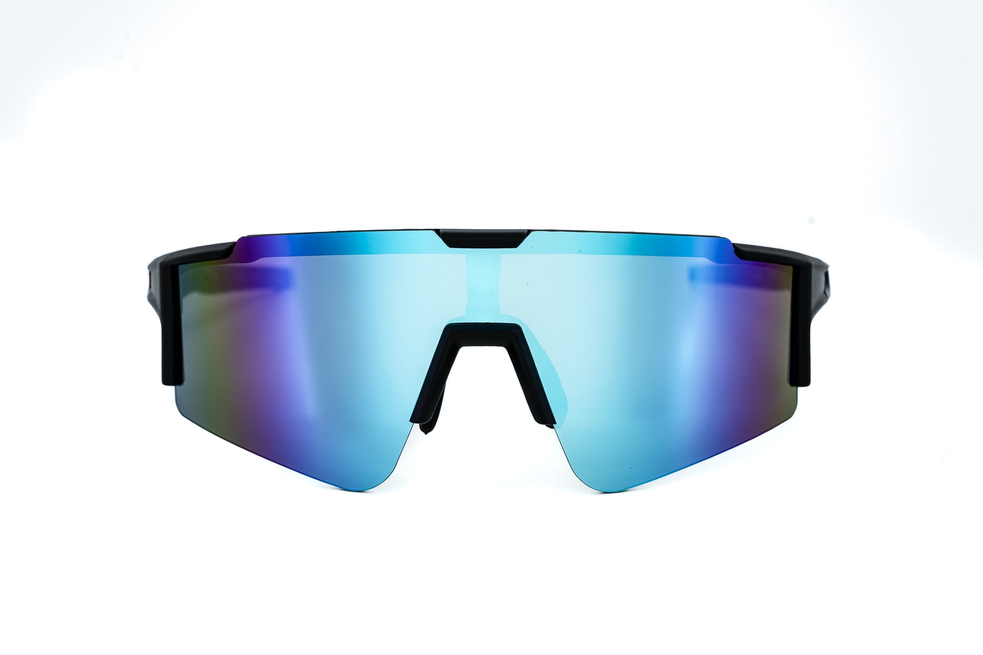Vortek by Bolero Eyewear sports shield sunglasses with blue mirror wraparound lens front angle view