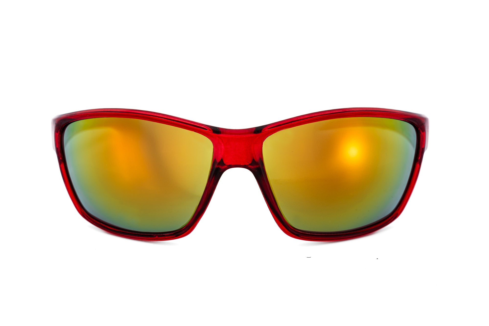 Vortex by Bolero Eyewear red sport sunglasses with yellow mirror wraparound lens front angle view