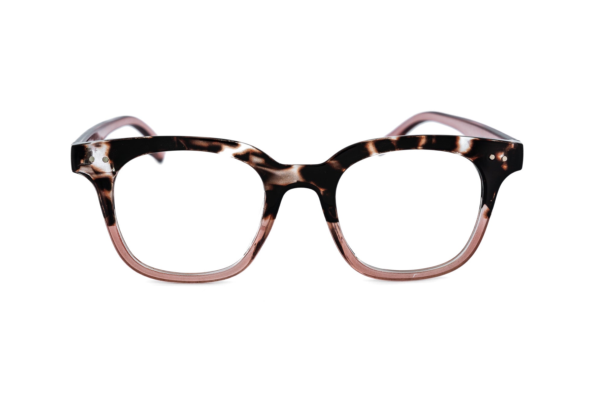 Wexley by Bolero Eyewear pink tortoise square reading glasses with polycarbonate frame front angle view