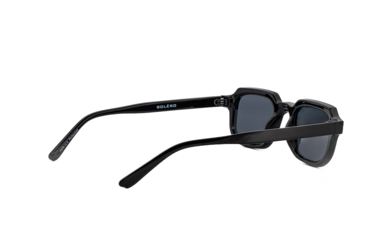 Zuri by Bolero Eyewear geometric black sunglasses with smoke lenses rear three-quarter angle view