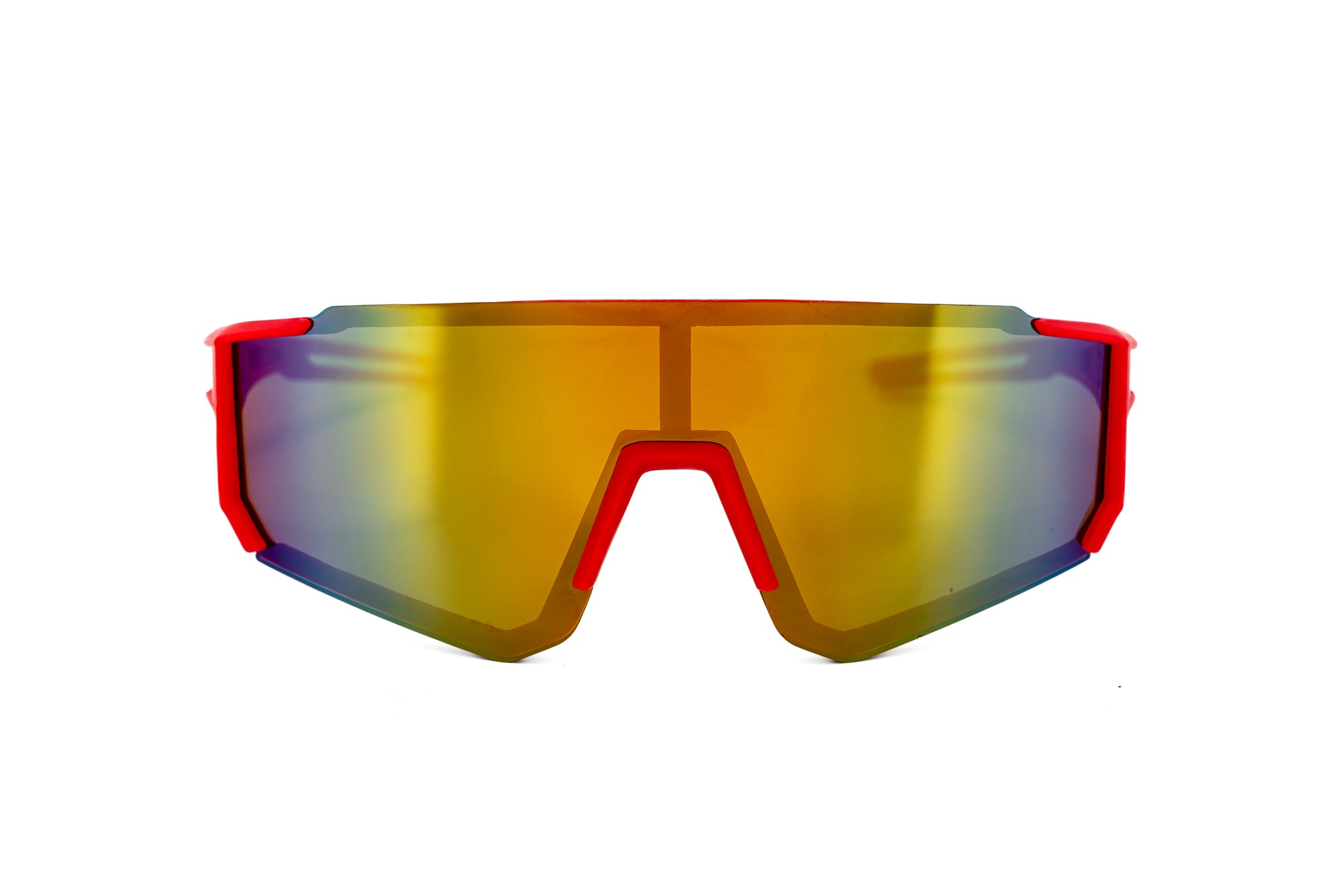 Zyro kids wraparound sunglasses in red frame with gold mirror shield lens by Bolero Eyewear front angle view