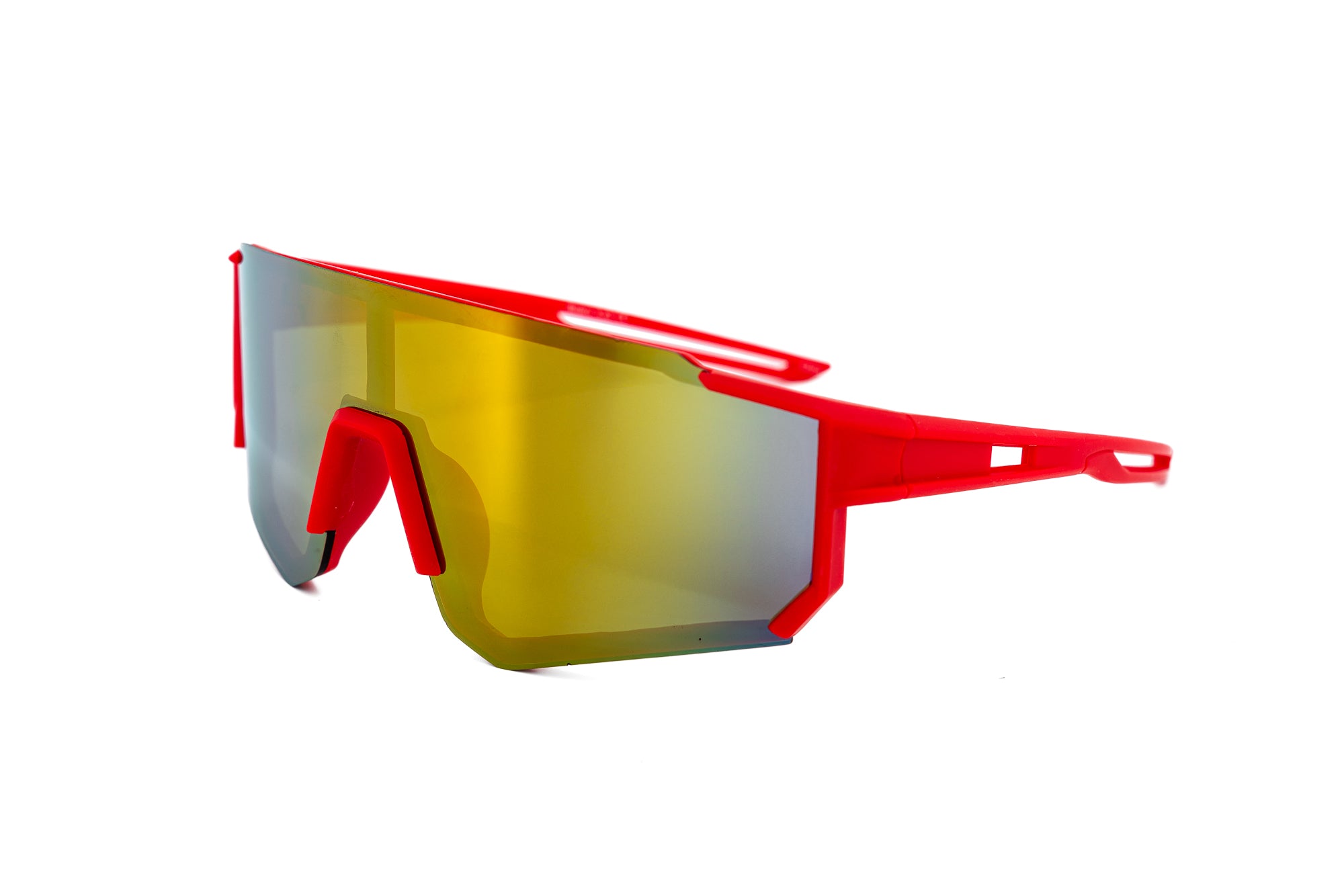 Zyro kids wraparound sunglasses in red frame with gold mirror shield lens by Bolero Eyewear