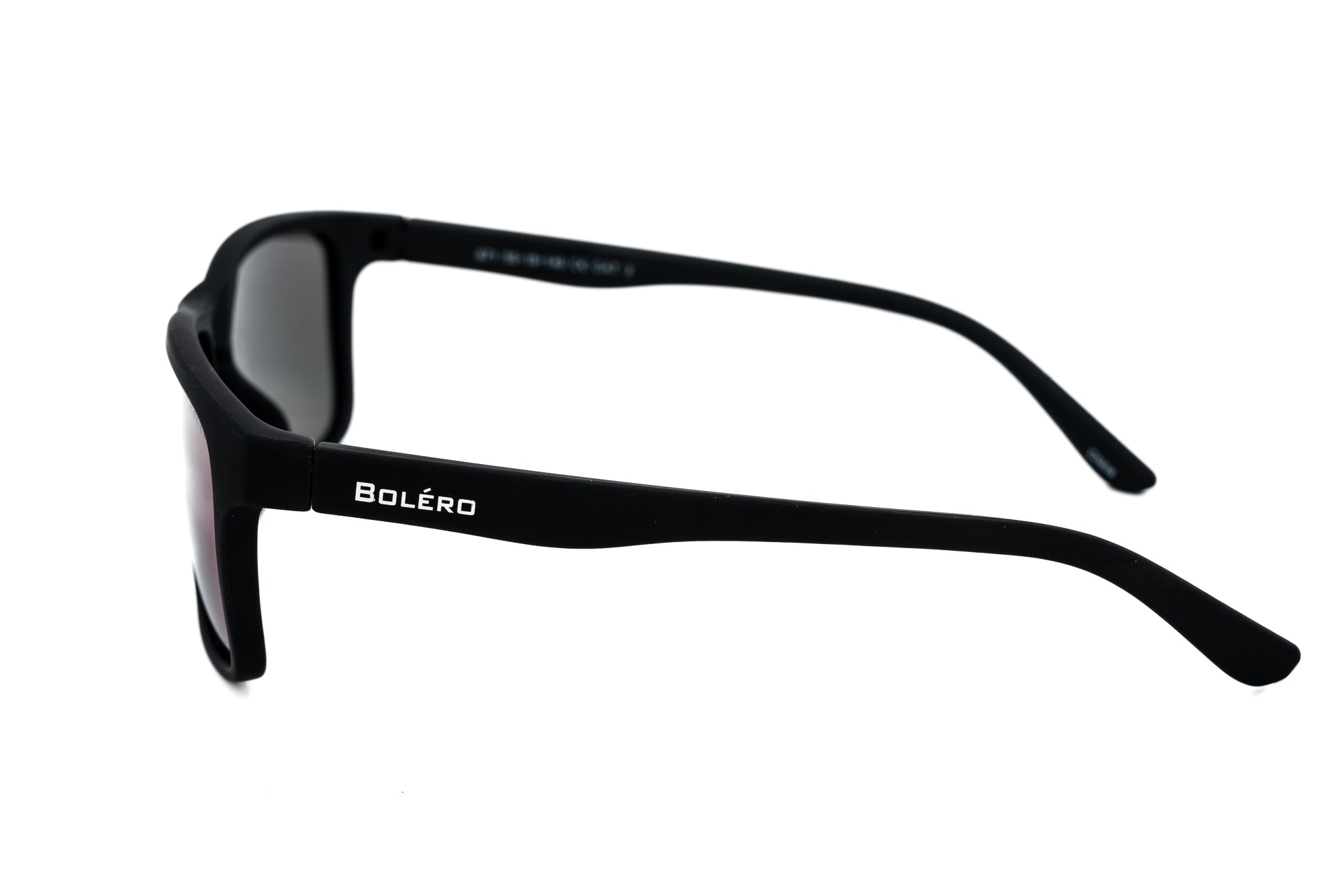 Glacier by Bolero Eyewear black wraparound sunglasses with blue polarized mirror lenses side angle view