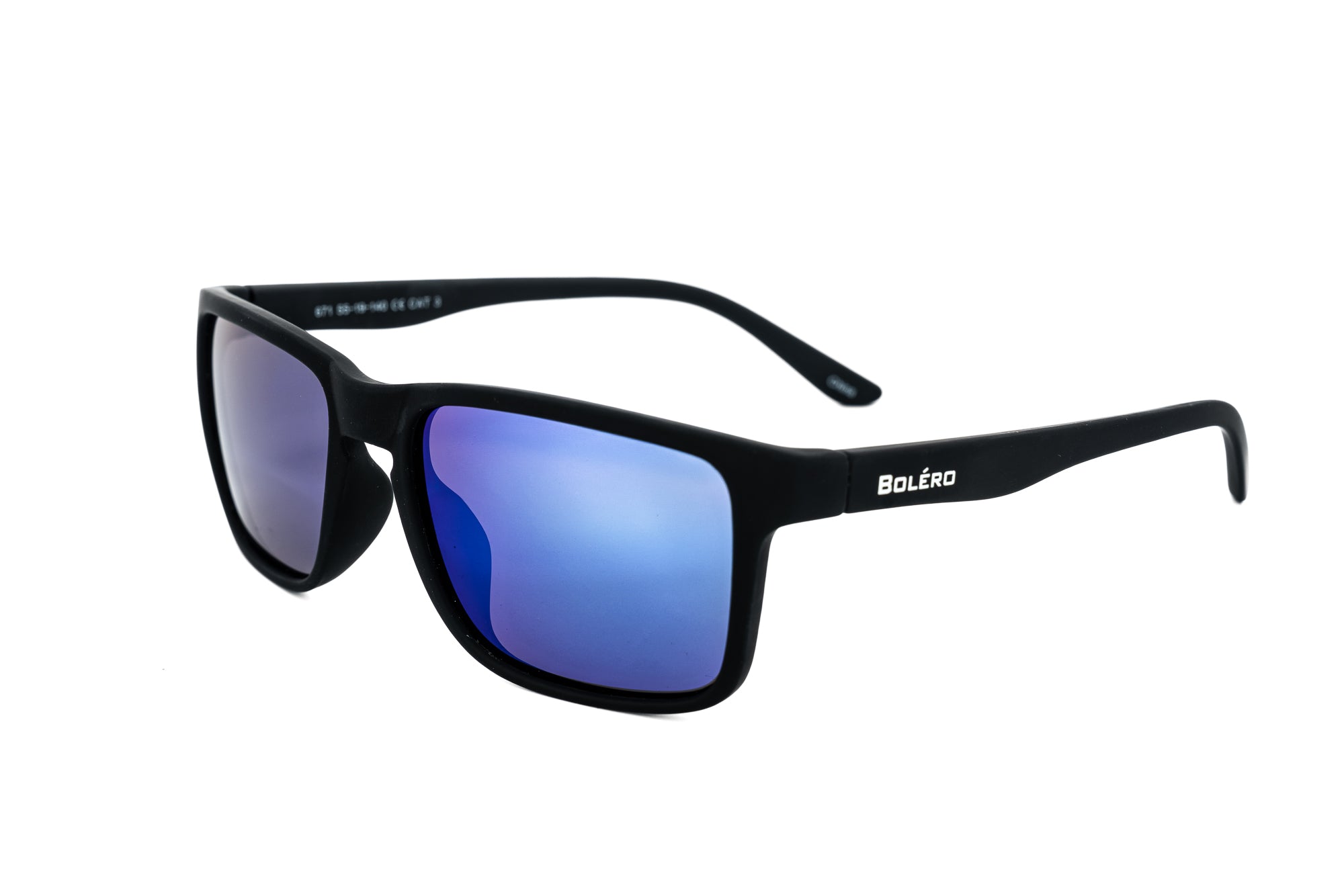 Glacier by Bolero Eyewear black wraparound sunglasses with blue polarized mirror lenses