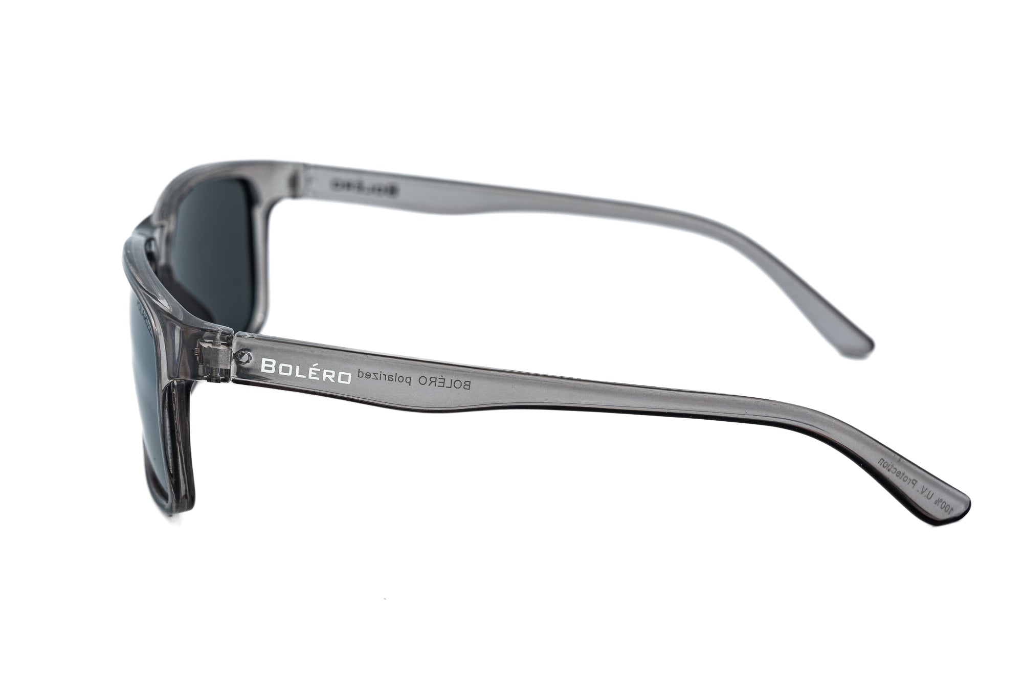 Glacier by Bolero Eyewear black wraparound sunglasses with smoke polarized mirror lenses side angle view