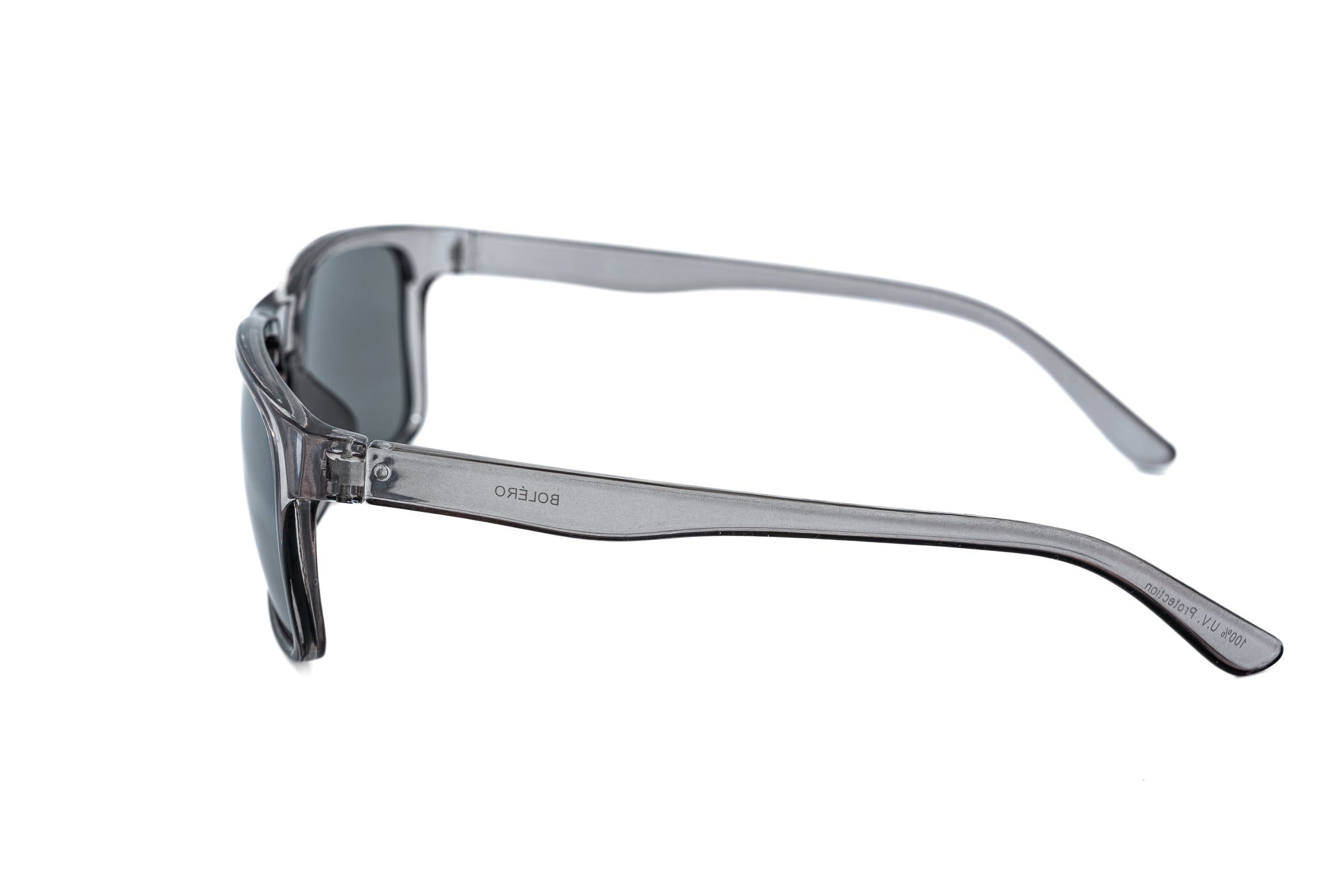 Glacier by Bolero Eyewear gray wraparound sunglasses with smoke polarized mirror lenses side angle view