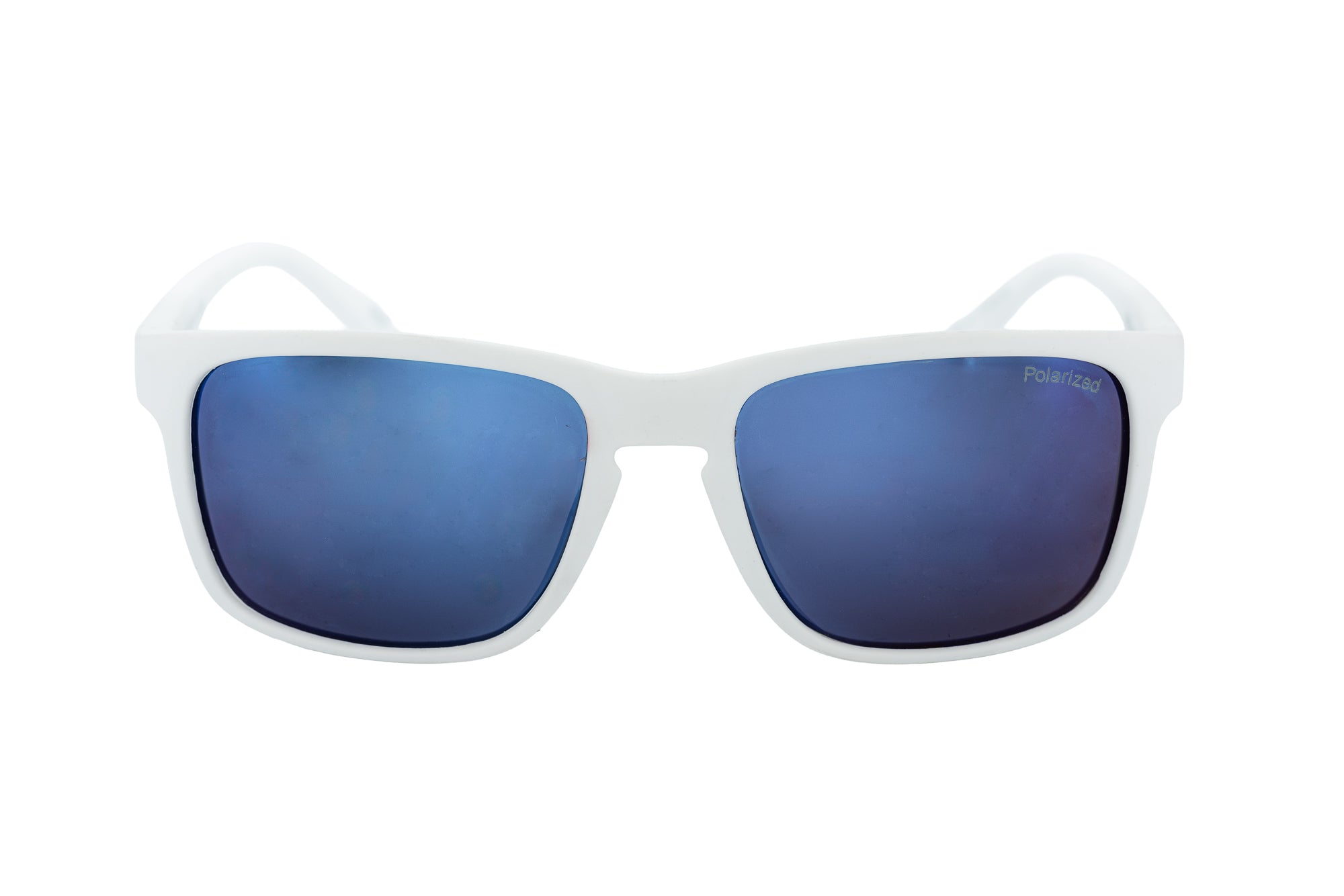 Glacier by Bolero Eyewear white wraparound sunglasses with blue polarized mirror lenses front angle view