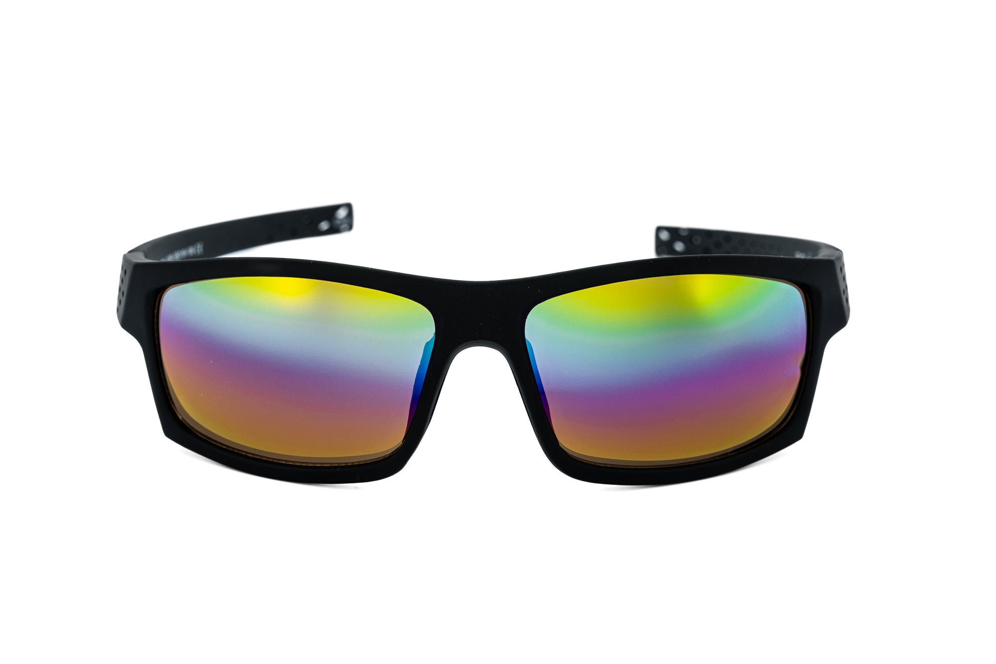 Rio by Bolero Eyewear kids sunglasses in black with rainbow mirror wraparound lenses front angle view