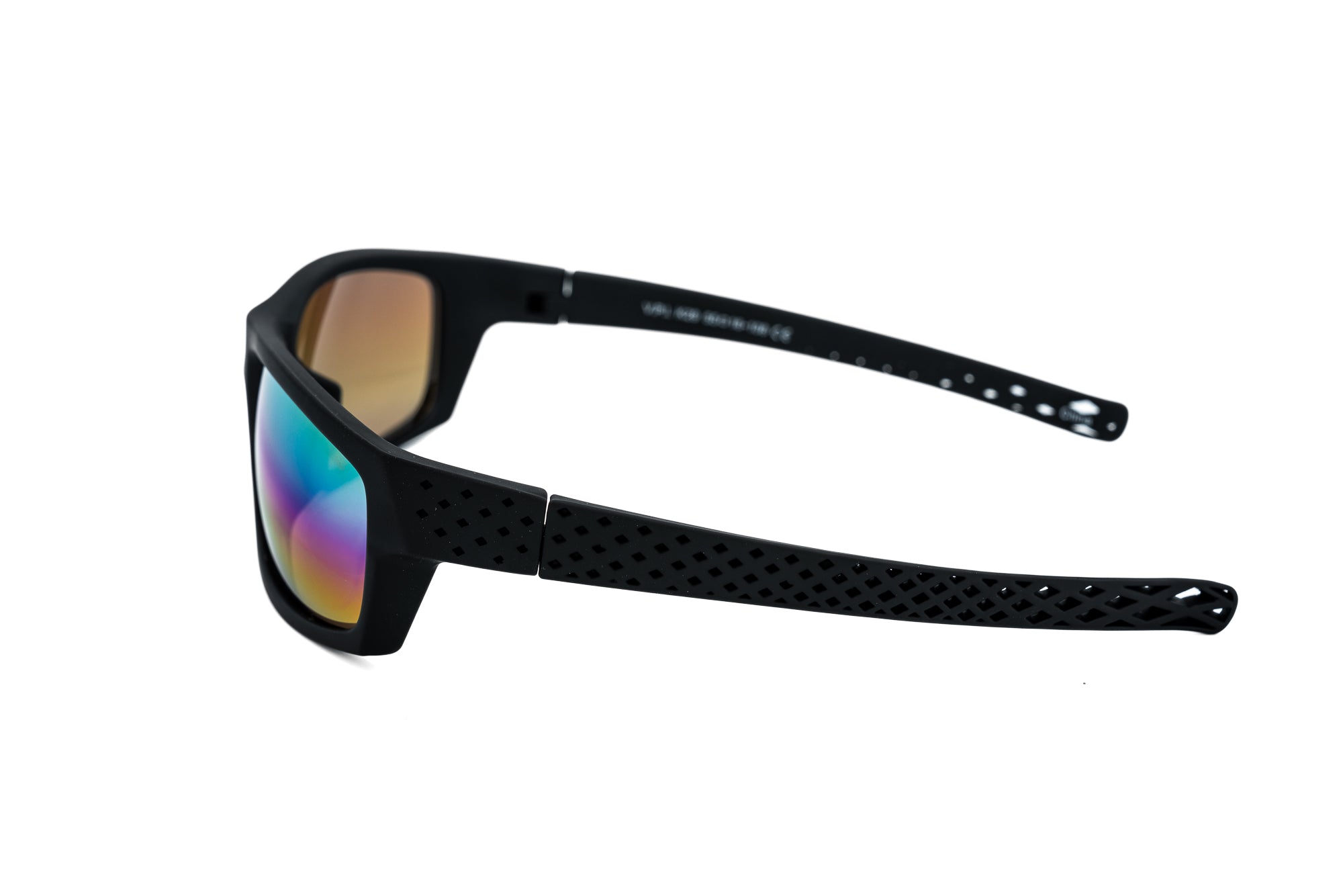 Rio by Bolero Eyewear kids sunglasses in black with rainbow mirror wraparound lenses side angle view