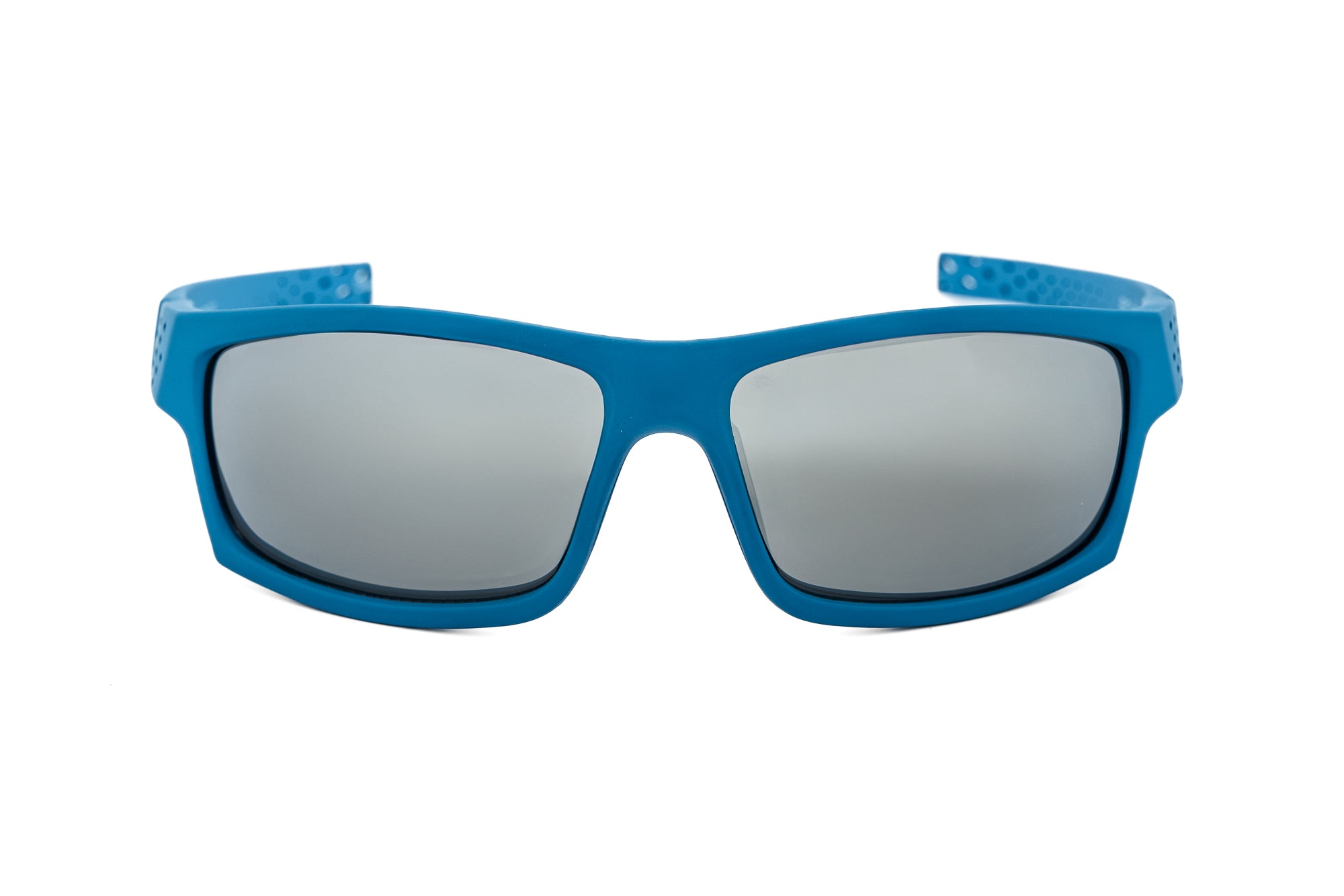 Rio by Bolero Eyewear kids sunglasses in blue with silver mirror wraparound lenses
front angle view